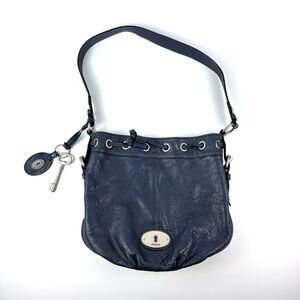 VTG Fossil‎ Maddox Reissue Drawstring Bucket Bag Navy Shoulder Pebbled Leather